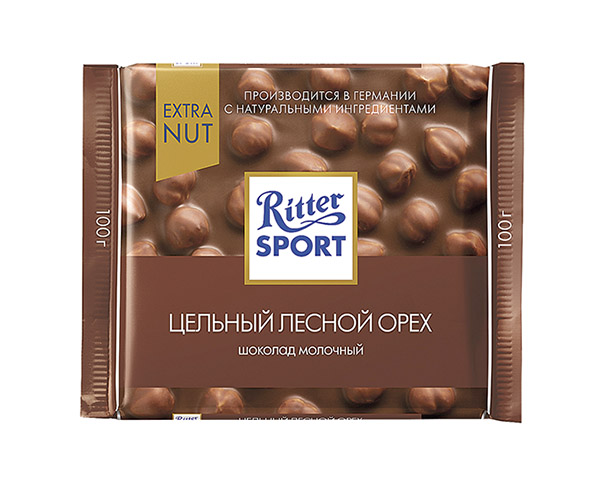 Шоколад RITTER SPORT EXTRA NUT молочный с цельным фундуком 100г / интернет-магазин напитков Лоза в Улан-Удэ