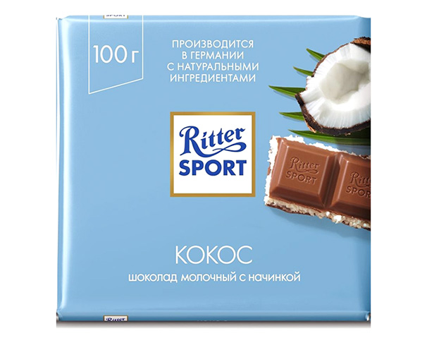 Шоколад RITTER SPORT молочный с кокосовой начинкой 100г / интернет-магазин напитков Лоза в Улан-Удэ
