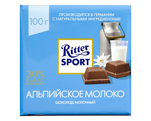 Шоколад RITTER SPORT молочный с альпийским молоком 100г / интернет-магазин напитков Лоза в Улан-Удэ