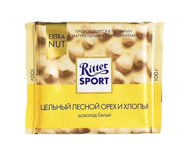 Шоколад RITTER SPORT EXTRA NUT белый с цельным фундуком и хлопьями 100г / интернет-магазин Виноград