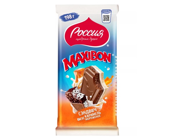 Шоколад РОССИЯ Максибон Сэндвич карамель/мороженое 198г / интернет-магазин Виноград